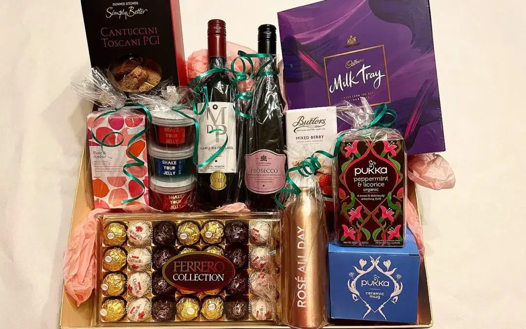 New Generations Dublin giveaway prize hamper with wine, chocolates, biscuits and treats