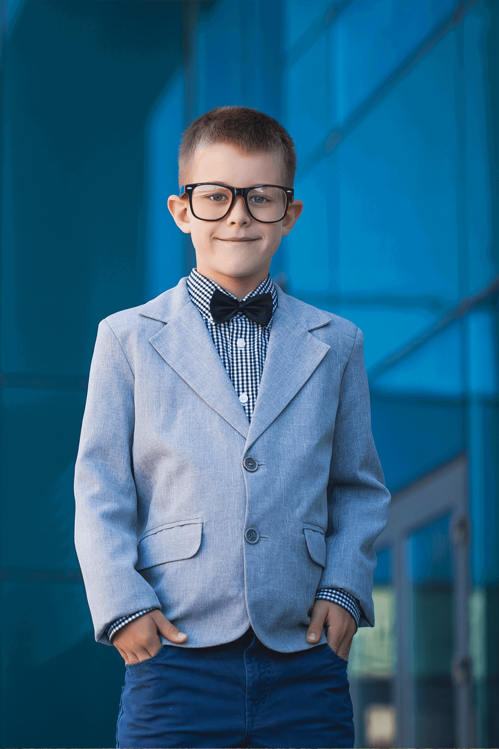 Boy wearing blue suit