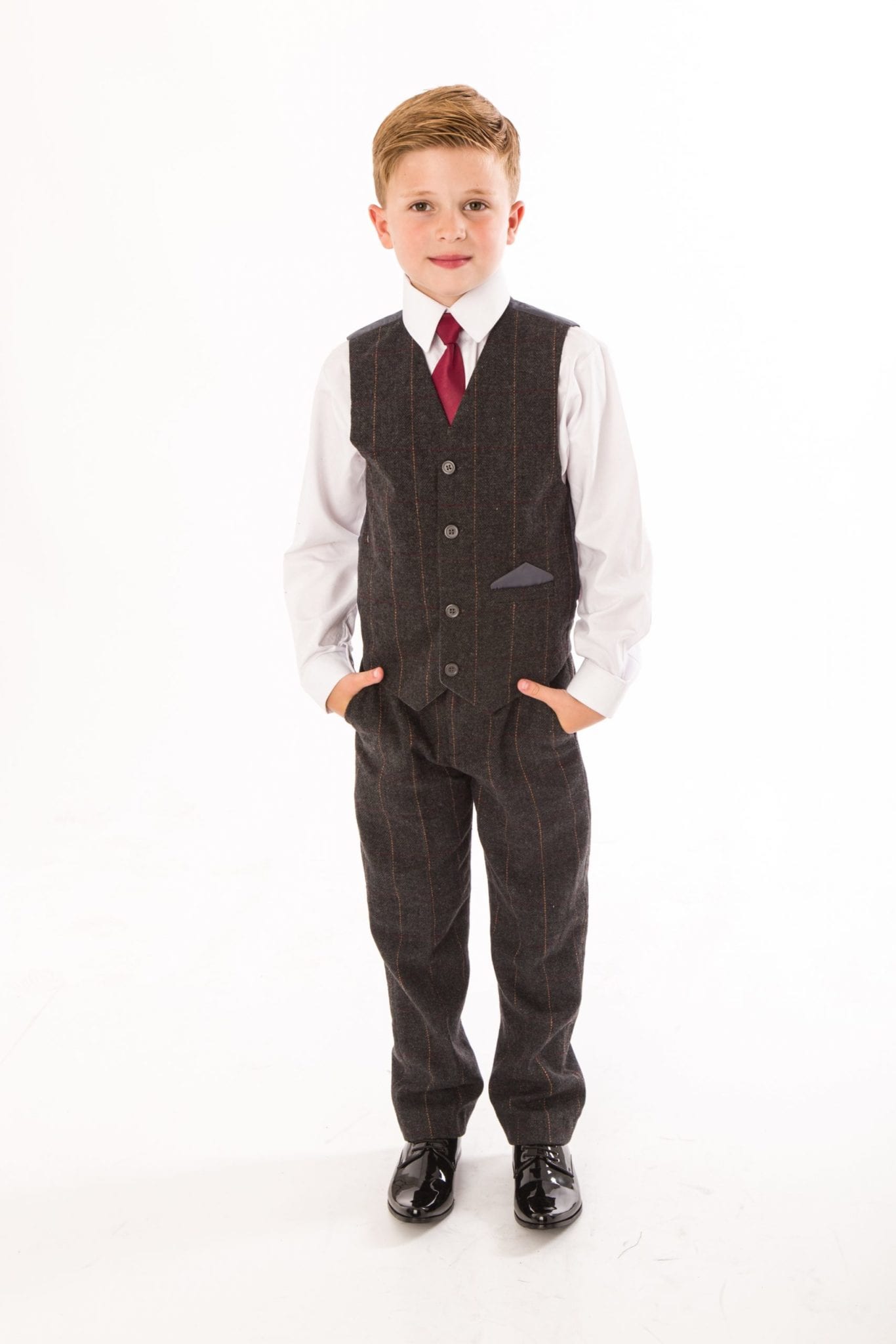 4 Piece Boys Grey Check Tweed