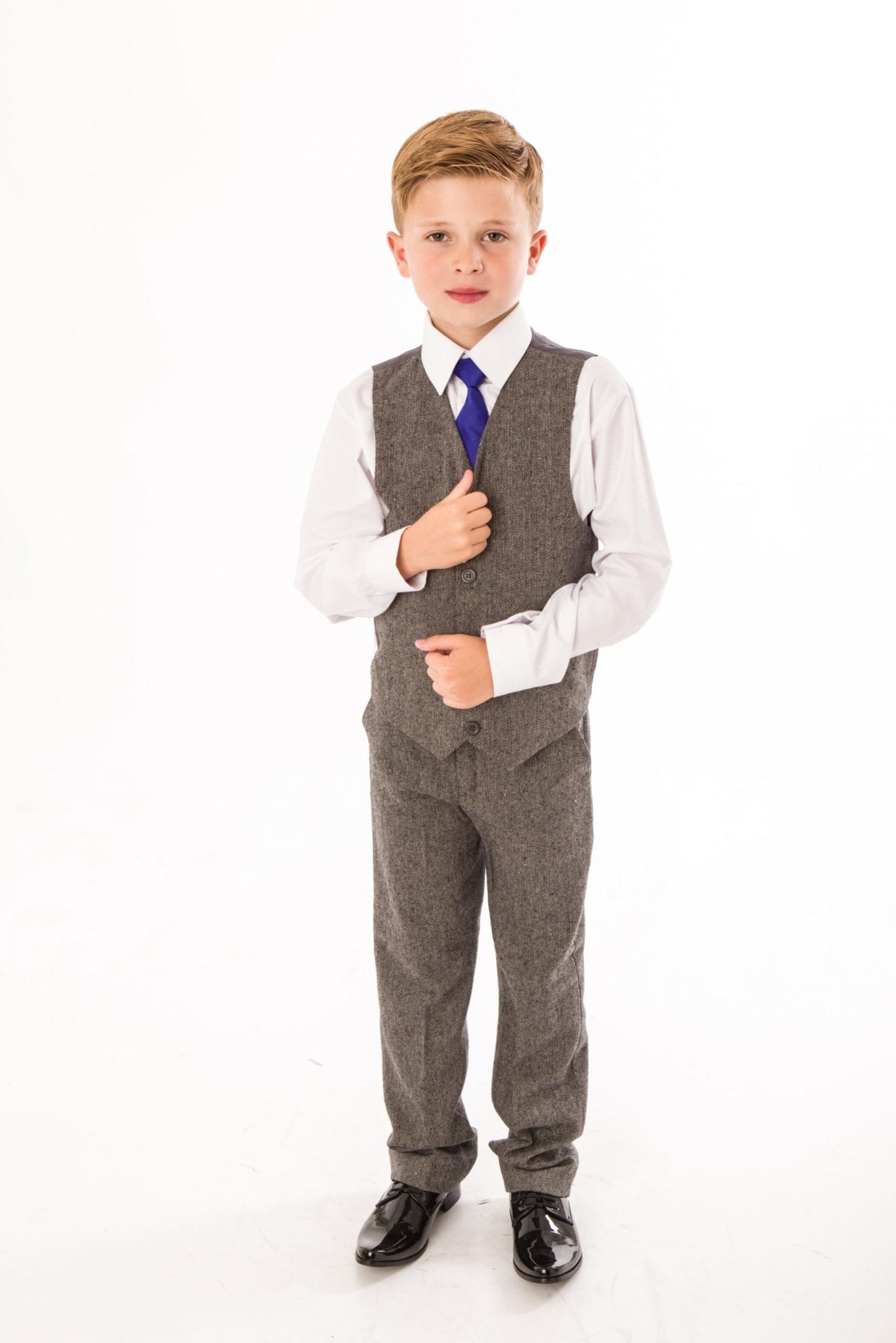 4 Piece Boys Grey Herringbone Suit