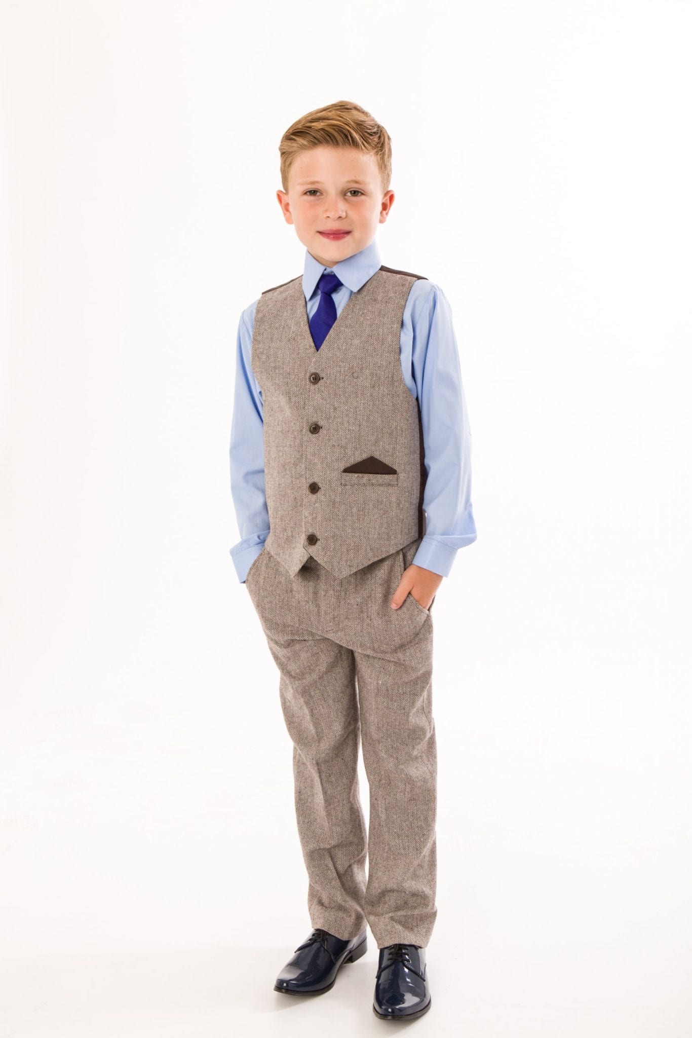 4 Piece Boys Herringbone Brown Suit