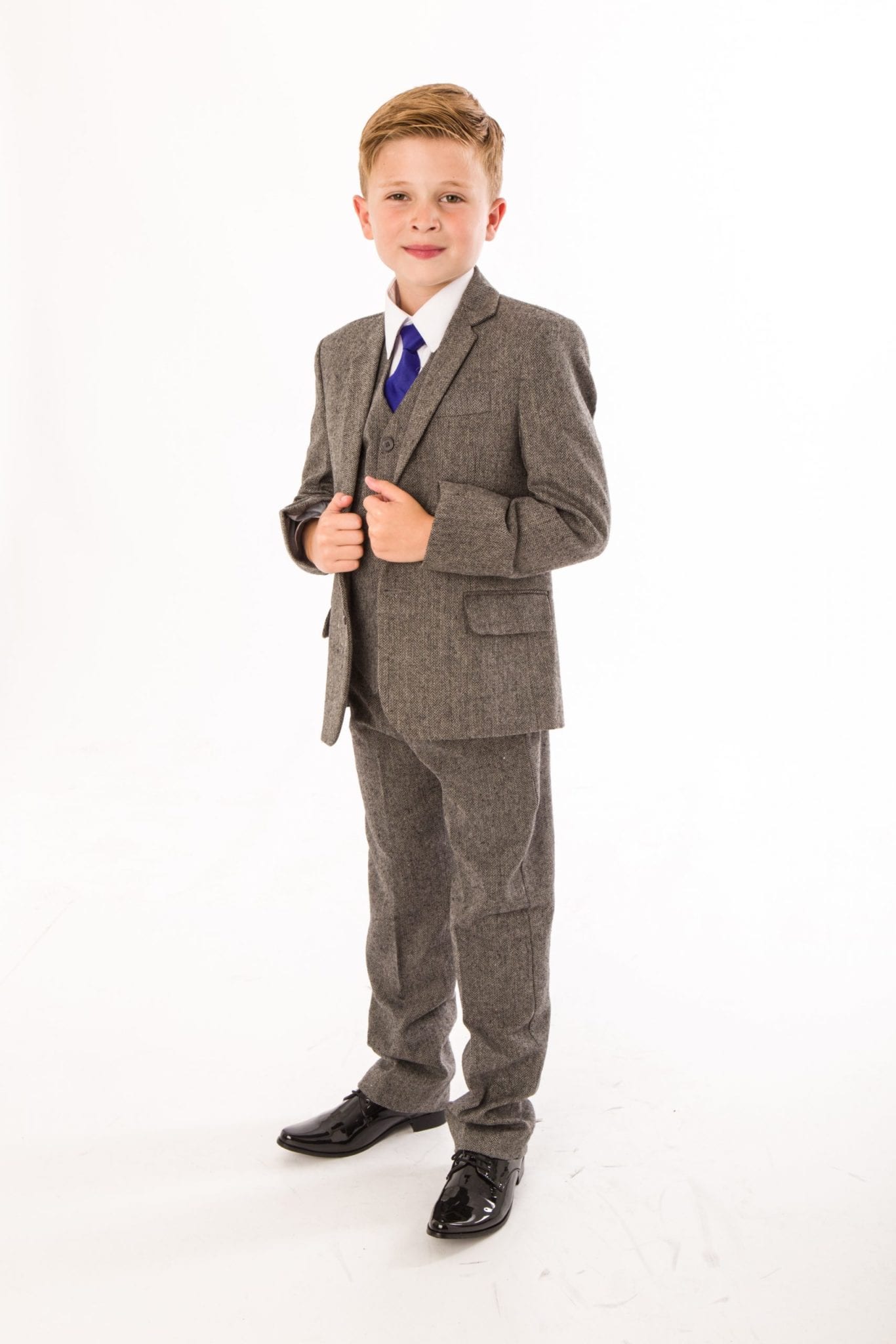 5 Piece Boys Herringbone Grey Suit