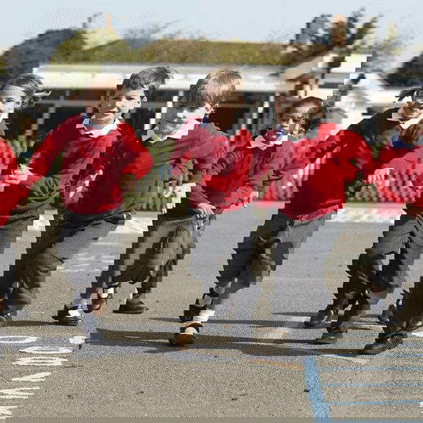 Children in red uniforms
