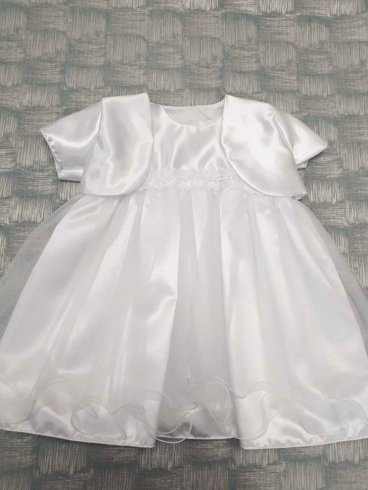 White satin christening dress with sheer overlay